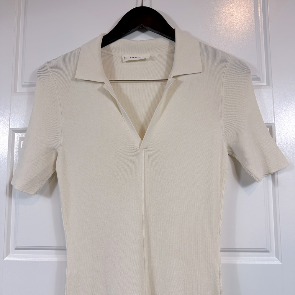 Everlane Women’s Classic Viscose Knit V-Neck Polo Midi Dress Beige Size Small - Picture 3 of 13